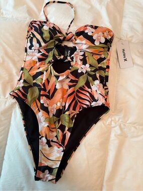 Hurley Black Floral One-Piece Swim Bodysuit